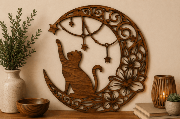 Download Moon Cat Wall Art SVG Laser Cut File - Moon cat Collection
