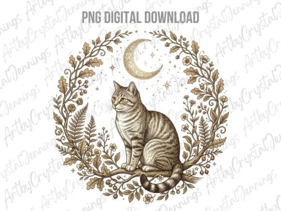 Download Celestial Moon Cat Botanical Floral PNG - Moon cat Collection